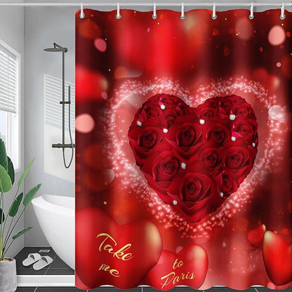 AILONEN Red Rose Hearts Printed Shower Curtain,Romantic Rose Lover Couple Bath Curtain,Fantasy Love Hearts Red Curtain for Bathroom Decor 72" W x 72" H,Waterproof