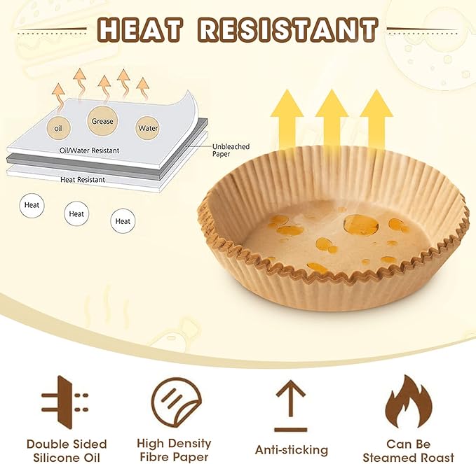 Air Fryer Disposable Paper Liners, 50 PCS Oil-proof, Water-proof, Non-stick Round Air Fryer Liners for Baking and Roasting