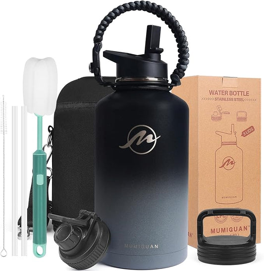 Insulated Water Bottle 64 oz with Straw Lid (3 Lids), Half Gallon Jug Flask, Large Metal Stainless Steel Bottle, 64 oz Double Wall Vacuum Sports Thermo Mug, Cold 48H Hot 24H (Black Grey)