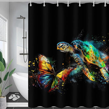 AILONEN Sea Turtle Shower Curtain, Tie Dye Turtle and Butterfly Bathroom Curtain,Minimalist Black Bath Curtain 36" W*72" H Polyester Waterproof Bathroom Curtain with 12 Hooks