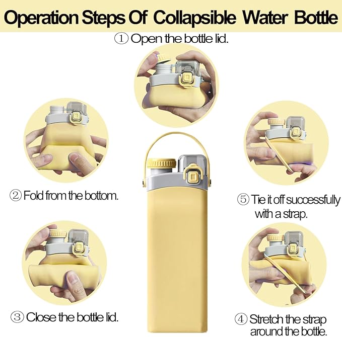 THAIOXYH® Collapsible Water Bottle 20 oz（600ml） Silicone BPA Free Reuseable Lightweight Foldable Water Bottles for Traveling Running Hiking Camping Sports (Yellow)