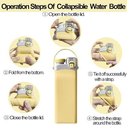 THAIOXYH® Collapsible Water Bottle 20 oz（600ml） Silicone BPA Free Reuseable Lightweight Foldable Water Bottles for Traveling Running Hiking Camping Sports (Yellow)