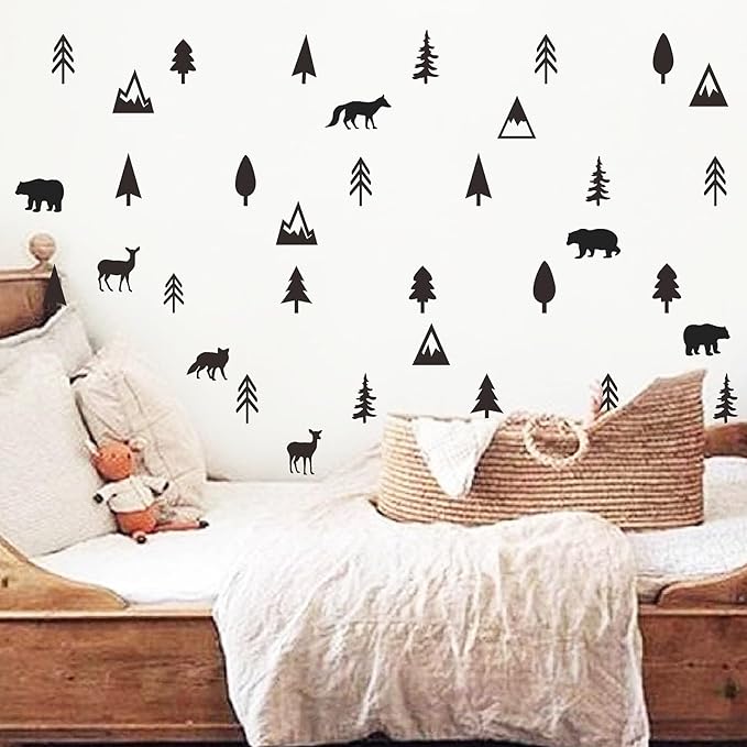 Woodland Animal Wall Stickers Small Pine Tree Wall Decals Vinyl Black Wall Decals Mountain Tree Animals Wall Stickers Jungle Deer Bear Fox Forest Wall Decals Woodland Nursery Kids Room Decor