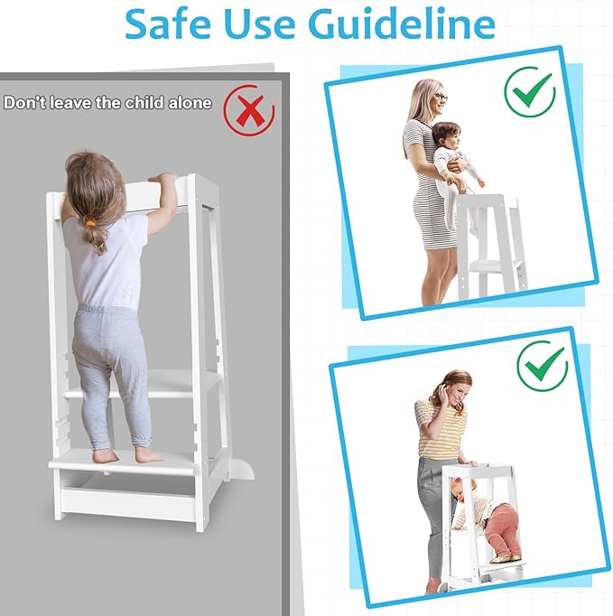 Kids Kitchen Step Stool, Step Stool for Toddlers, Adjustable Height Toddler Standing Tower, Anti-Slip Protection with guardrail, The Anti-Tipping Structure is More Stable (White)