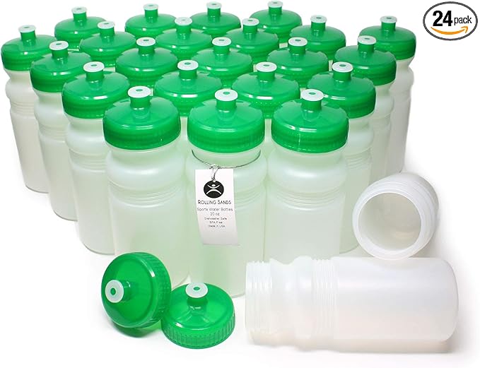 Rolling Sands 20 Ounce Sports Water Bottles 24 Pack, BPA-Free, Made in USA, Dishwasher Safe, Clear Frost Bottles/Green Lids