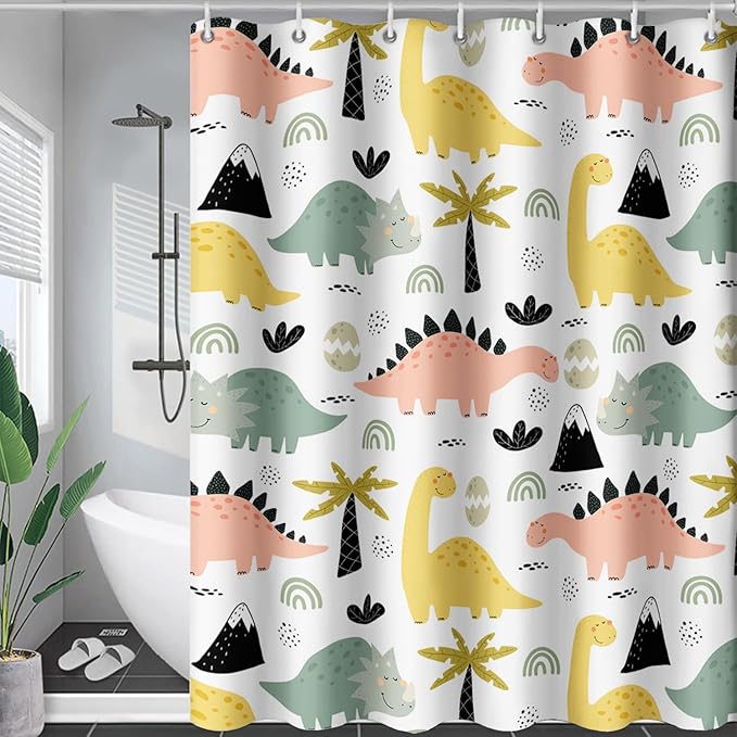 AILONEN Dinosaur Shower Curtain for Kids Boys Girls, Cute Kawaii Dinosaur Bathroom Curtain,Tropic Tree Leaves Printed Bath Curtain 36" W*72" H Polyester Waterproof Bathroom Curtain with 12 Hooks