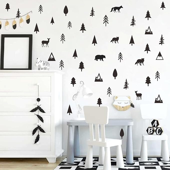 Woodland Animal Wall Stickers Small Pine Tree Wall Decals Vinyl Black Wall Decals Mountain Tree Animals Wall Stickers Jungle Deer Bear Fox Forest Wall Decals Woodland Nursery Kids Room Decor