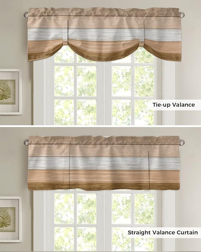 Farmhouse Summer Blackout Tie Up Valance Curtains for Kitchen Windows,Brown Beach Fall Window Toppers Balloon Shades for Living Room/Bathroom/Bedroom,1 Panel,42" X 12" Rustic Barn Wood Texture