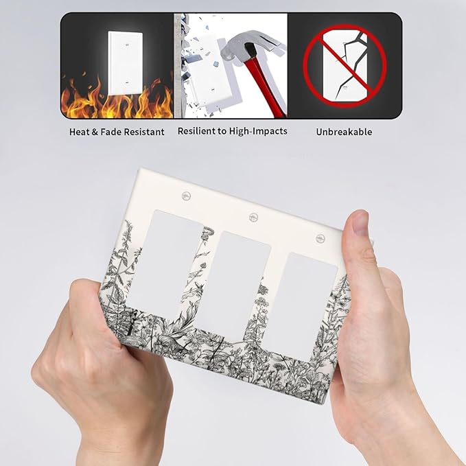 Vintage Grey Floral Herbs Wild Flowers Botanical 3 Gang Rocker Boho Light Switch Covers Decorative Country Unique Triple Outlet Wall Plate Cover Faceplate Decorative Switchplate GFCI