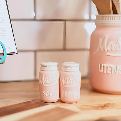 Mason Jar Kitchen Accessories Set - Ceramic Jar with Lid, Measuring Cups & Spoons, Utensil Holder for Stove, and Sponge Holder Ceramic - Vintage Utensil Rest & Condiment Shakers (Pink, 17-Pieces)