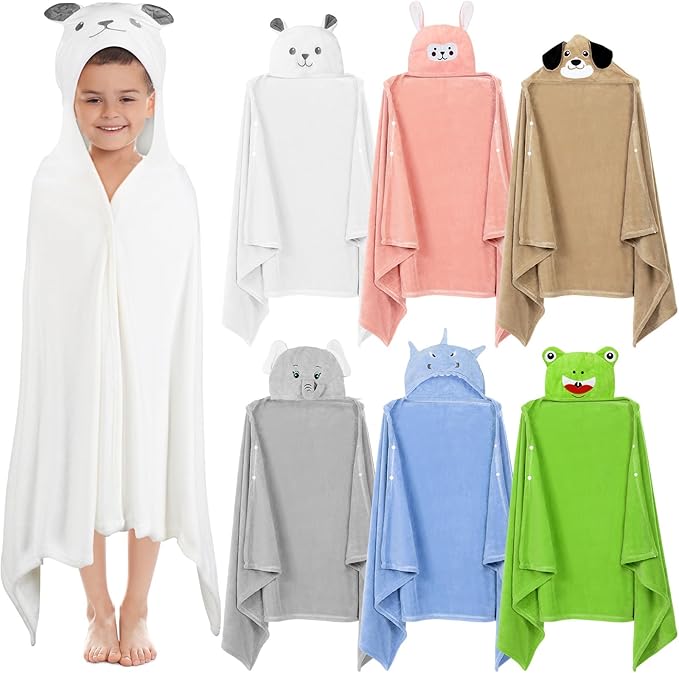 6 Pcs Hooded Towel for Kids Toddler Bath Towels 27.6" x 55" Large Kids Beach Towels for 3-10 Years Soft Pool Towel with Animal Hoods for Boy Girl