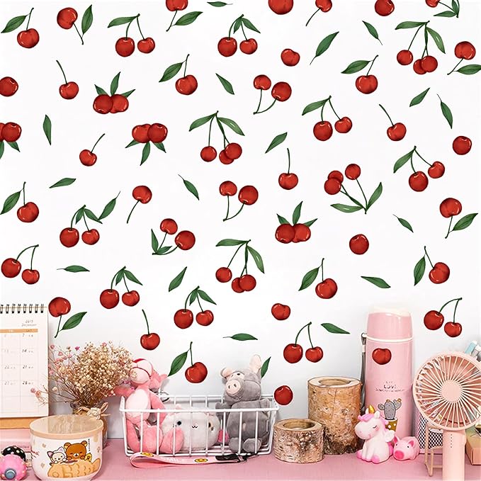 Red Cherry Wall Decals Cherries Fruit Wall Stickers Peel and Stick Kitchen Wall Stickers Removable Boho Green Leaves Wall Decals Watercolor Fruit Leaf Stickers for Nursery Bedroom Decor