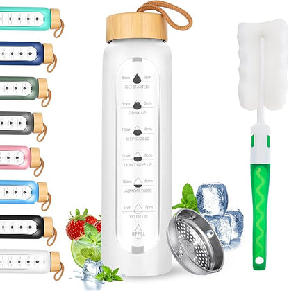 32 Oz Borosilicate Glass Water Bottle with Times to Drink | BPA Free - Reusable Wide Mouth Glass Motivational Water Bottles with Infuser & Silicone Sleeve (white)