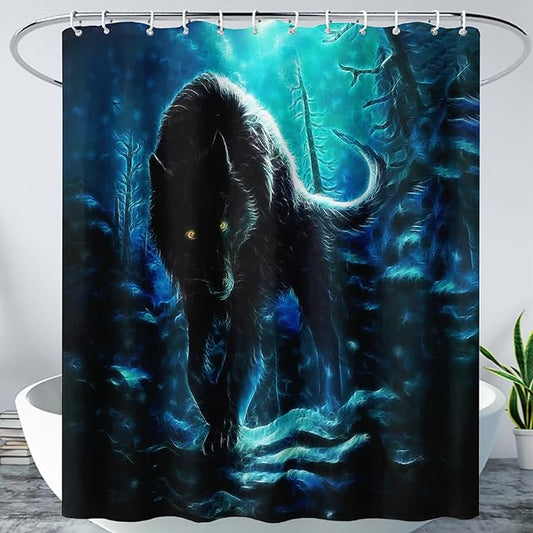AILONEN Wolf Shower Curtain,Evening Moon Wolf Bath Curtain Gifts for Kids Boys Girls,Safari Wolf Polyester Waterproof with 12 Plastic Hooks 72" W*72" H