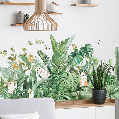 Green Plants Wall Stickers Cat Parrot Butterfly Cactus Wall Decals Bedroom Living Room Sofa TV Background Wall Classroom Office Children's Room Wall Decor