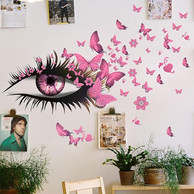 Pink Girl Eyes Wall Stickers Flying Butterfly Wall Decals Beautiful Girl Heart Wall Decor Vinyl Wall Art Butterflies Wall Decor Stickers for Women Girls Bedroom Living Room Decoration