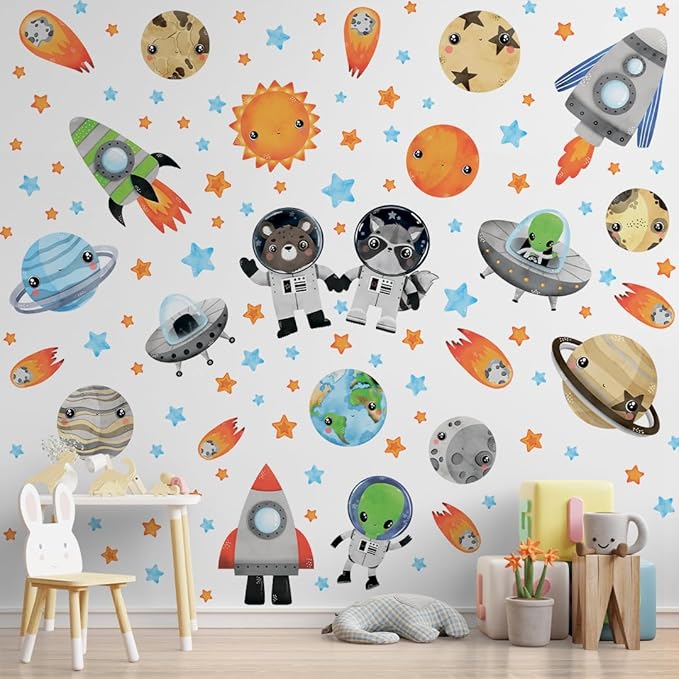 Large Solar System Wall Decals for Kids by Lipastick - 131 pcs Space Animal Wall Stickers Boys Room Playroom - Galaxy Wall Decor - Kids Vinyl Wall Decal Peel and Stick - Outer Space Decal XXL Size