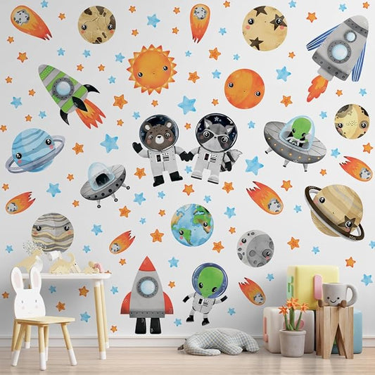 Large Solar System Wall Decals for Kids by Lipastick - 113 pcs Space Animal Wall Stickers Boys Room Playroom - Galaxy Wall Decor - Kids Vinyl Wall Decal Peel and Stick - Outer Space Decoration M Size
