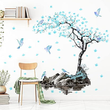 Large Flower Tree Wall Decals Blue Blossom Floral Wall Stickers Peel and Stick Wall Art Mural for Girls Bedroom Living Room Watercolor Bird Tree Branch Wall Stickers for Kitchen TV Background Decor