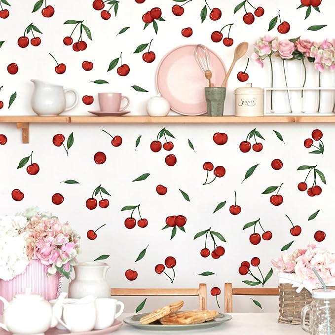 Red Cherry Wall Decals Cherries Fruit Wall Stickers Peel and Stick Kitchen Wall Stickers Removable Boho Green Leaves Wall Decals Watercolor Fruit Leaf Stickers for Nursery Bedroom Decor