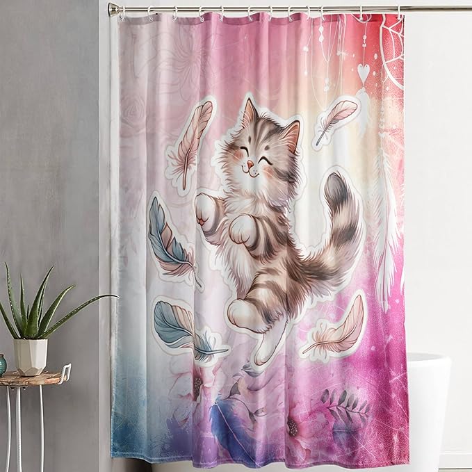 AILONEN Cartoon Cat Shower Curtain,Kawaii Dance Kitten and Feathers Bathroom Curtain Set for Kids Boys,Cute Animal Kittens Waterproof Shower Curtain for Bathroom, 72" W*72" H Pink