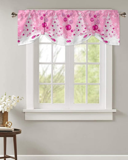 Pink Christmas Blackout Tie Up Valance Curtains for Kitchen Windows White Xmas Tree Snowflakes Pink Balls Window Toppers Balloon Shades for Living Room/Bathroom/Bedroom,1 Panel, 42" X 12", Winter