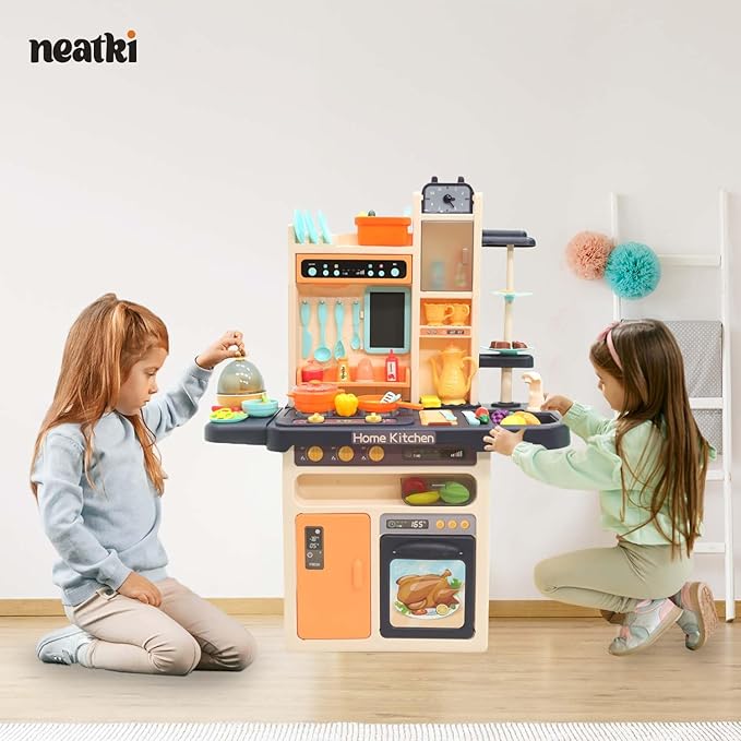 Kids' Play Kitchen Set, 27.95 x 11.22 x 36.81 Inch, 65-Piece Toy Kitchen Playset with Functional Faucet, Realistic Steam Effects, Lights and Sounds, and Other Kitchen Accessories (Blue)