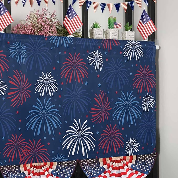 July 4th Kitchen Curtains Valances for Windows Fireworks Celebrate Patriotic Americana Stars Rod Pocket Window Treatment for Kitchen/Living Room/Bedroom/Bathroom, 60" X 18", Red, White and Blue