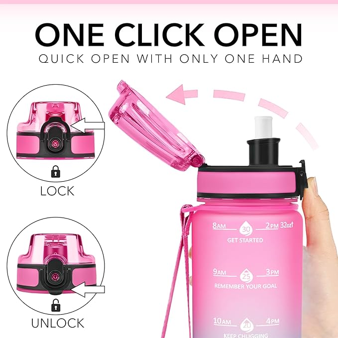 GOSWAG Water Bottles, 32 oz Motivational Sports Water Bottle with Straw and Time Marker to Remind You to Drink, Comes with Carry Strap, Leakproof