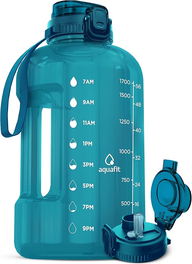 AQUAFIT 64 oz Water Bottle with Time Marker - BPA Free Half Gallon Water Bottle with Straw - Gym Water Bottle with Handle, Gallon Water Jug, Big Water Bottle, Large Water Bottle (Aqua, 2in1 Lid)
