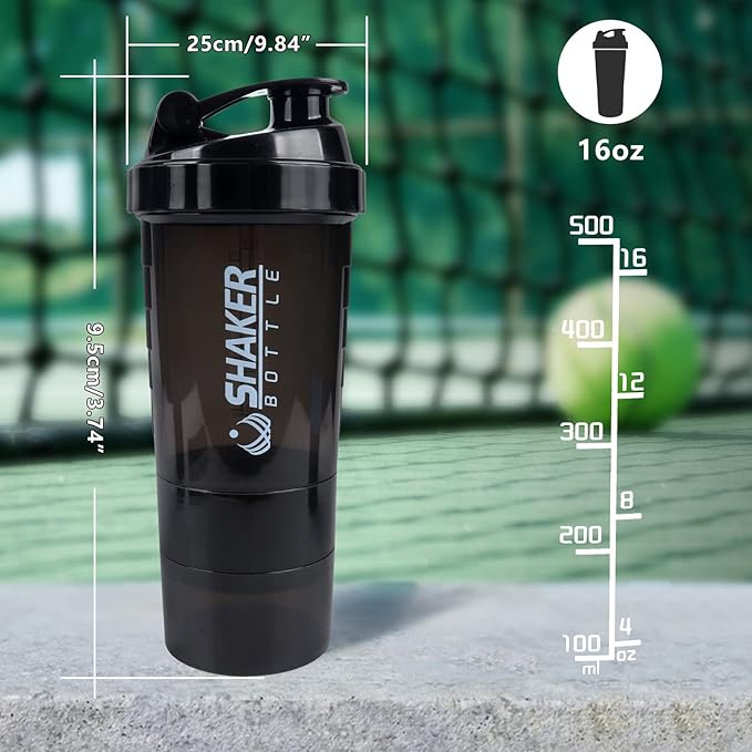Shaker Bottle 16OZ Protein Shaker Bottles with Mix Ball Portable Sports Water Bottle Leak Proof GYM Cup for Protein Mixes with Powder Storage & Pill Organizer, Idea for Pre Workout,BPA Free(black)