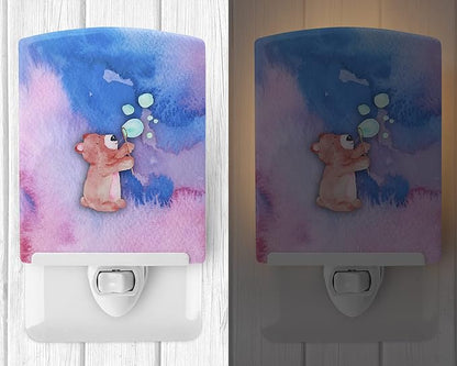 Caroline's Treasures BB7347CNL Bear and Bubbles Watercolor Ceramic Night Light Compact, UL-Certified, Ideal for Bedroom, Bathroom, Nursery, Hallway, Kitchen, 6x4x3, Multicolor