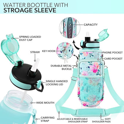 32 oz Water Bottle with Straw and Sleeve, Motivational Water Bottle with Time Marker and Adjustable Shoulder Strap, BPA Free Leakproof Sport Water Jug for Hiking, Gym