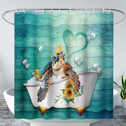 AILONEN Cute Sea Turtle Shower Curtain Set for Bathroom,Cartoon Funny Bathtub Turtle Bath Curtain,Sunflower Theme Waterproof Fabric Shower Curtain with Hooks,72" W*72" H