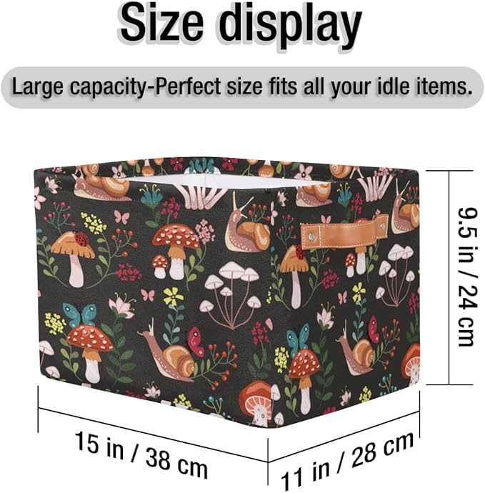Mushroom with Snails Storage Basket Collapsible Rectangular Storage Bin Large Fabric Storage Boxes Organizer 1Pc with Leather Handles for Clothes Toys Books Kitchen Laundry