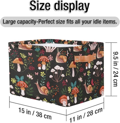 Mushroom with Snails Storage Basket Collapsible Rectangular Storage Bin Large Fabric Storage Boxes Organizer 1Pc with Leather Handles for Clothes Toys Books Kitchen Laundry