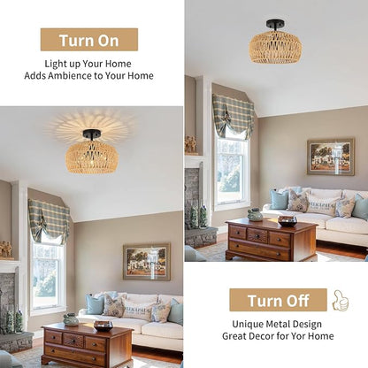 Rattan Light Fixtures Ceiling Mount, 3-Lights Boho Semi Flush Mount Ceiling Light, Farmhouse Woven Ceiling Lighting, Rustic Wicker Chandelier for Hallway Bedroom Kitchen Entryway