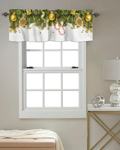 Christmas Kitchen Curtains Valances for Windows Pine Cones Rod Pocket Window Treatment for Kitchen/Living Room/Bedroom/Bathroom,42" X 12" -1 Panel, Golden Ornament Balls