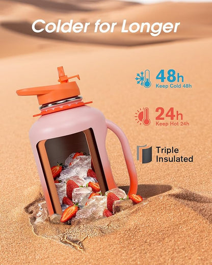 64oz Insulated Water Bottle, Coolflask Half Gallon Water Jug With Handle Straw Stainless Steel Double-Walled Vacuum Metal Large Flask With Strap Bpa-Free Leakproof, Keep Cold 48 Hrs, Sunny Orange