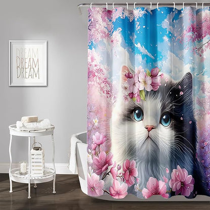 AILONEN Lovely Cat Shower Curtain Set, Pink Cherry Blossom Waterproof Fabric Shower Curtain for Kids Boys Girls,Fat Kitty Cloth Shower Curtain for Bathroom,72" W*84" H