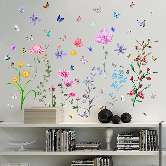 Large Flower Wall Decals,Vinyl Butterfly Wildflower Wall Stickers, Removable Wall Murals Peel and Stick Floral Wall Art Decor Wallpaper for Living Room Bedroom Kitchen Office