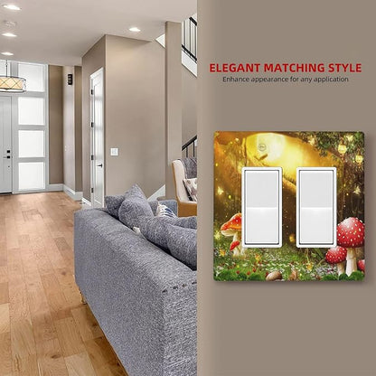 Red Mushroom Forest Fairy Moon Butterfly 2 Gang Rocker Decora Bohemian Light Switch Covers Decorative Dual Outlet Covers Wall Plate Electrical Faceplate Switchplate GFCI for Kidroom Nursery