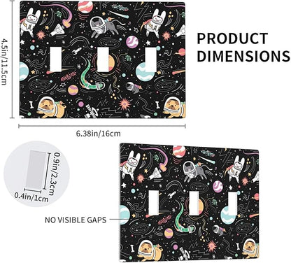 Space Cute Cat Dog Decorative Light Switch Cover Wall Plate 3 Toggle Triple Three Gang for Kitchen Kids Boys Room Bedroom Bathroom Home Novelty Decorate