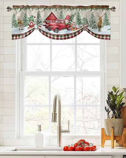 Christmas Farmhouse Blackout Tie Up Valance Curtains for Kitchen Windows Red Truck Gnomes Window Toppers Balloon Shades for Living Room/Bathroom/Bedroom,1 Panel,54" X 18" Winter Holiday Snowman