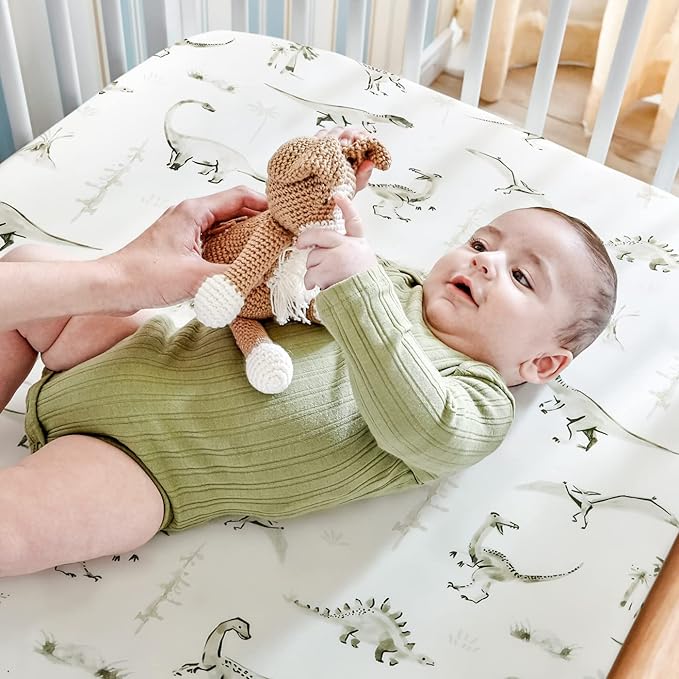 GRSSDER Stretch Ultra Soft Jersey Knit Fitted Crib Sheets Set 2 Pack，Fit All Standard Crib Mattress Pads Safe and Snug, Crib Fitted Sheet for Baby, Dinosaur