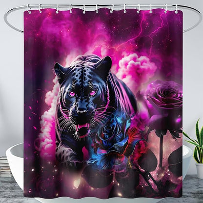 AILONEN 3D Black Panther Shower Curtain for Bathroom,Romantic Rose Smoky Leopard Printed Bath Curtain,Wildlife Cheetah Decoration Shower Curtain Waterproof 72" W*72" H