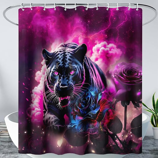 AILONEN 3D Black Panther Shower Curtain for Bathroom,Romantic Rose Smoky Leopard Printed Bath Curtain,Wildlife Cheetah Decoration Shower Curtain Waterproof 72" W*78" H