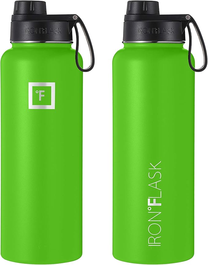 IRON °FLASK Camping & Hiking Hydration Flask, Wide Mouth, 3 Spout Lids, Stainless Steel Outdoor Water Bottle, Double Walled, Insulated Thermos, Metal Canteen - Kiwi Green, 40 Oz
