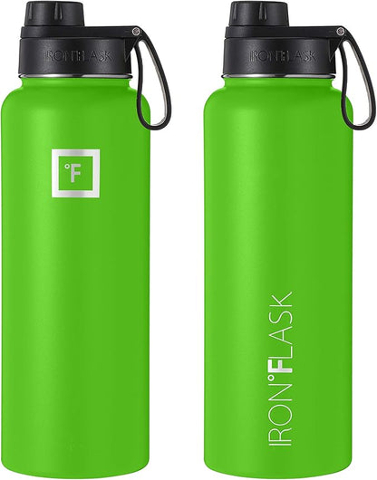 IRON °FLASK Camping & Hiking Hydration Flask, Wide Mouth, 3 Spout Lids, Stainless Steel Outdoor Water Bottle, Double Walled, Insulated Thermos, Metal Canteen - Kiwi Green, 40 Oz