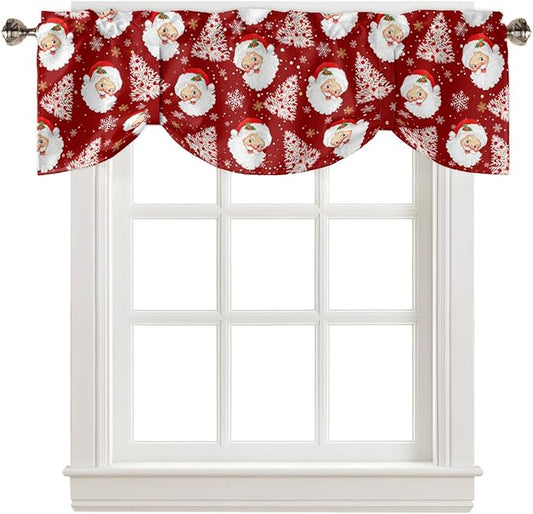 Red Christmas Blackout Tie Up Valance Curtains for Kitchen Windows Santa Claus Merry Christmas Tree Window Toppers Balloon Shades for Living Room/Bathroom/Bedroom,1 Panel, 60" X 18", Winter Snowflake